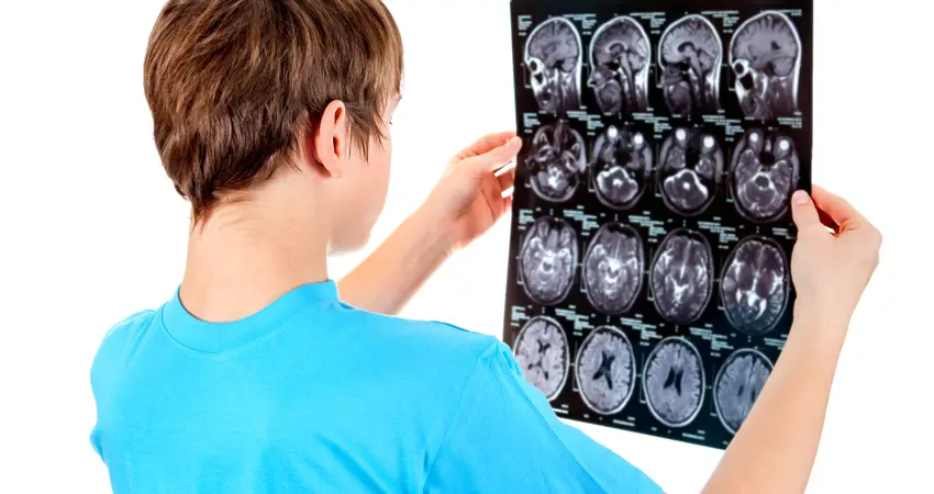 Person looking at images of head scans