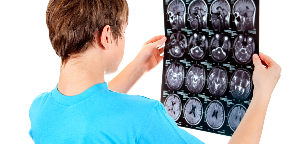 Person looking at images of head scans