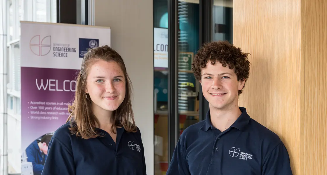 Two student ambassadors at Thom Building reception