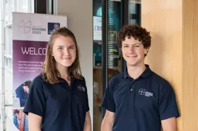 Two student ambassadors at Thom Building reception