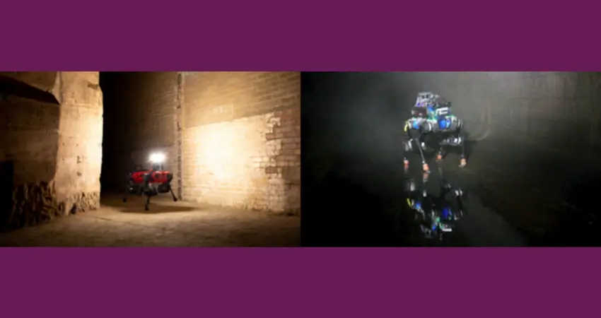 Left: ANYmal C robot exploring a limestone mine in the UK. Right: ANYmal B robot inspecting a sewer in Switzerland.