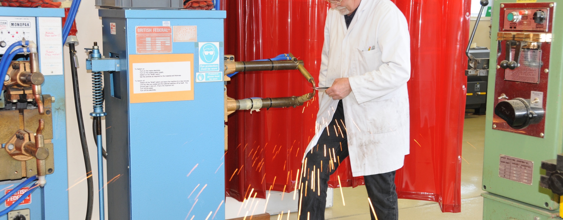 Maurice Keeble-Smith spot-welding in a 2nd year student lab in 2015