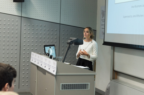 Winner of 4th year student poster competition giving presentation at 2018 Jenkin Lecture
