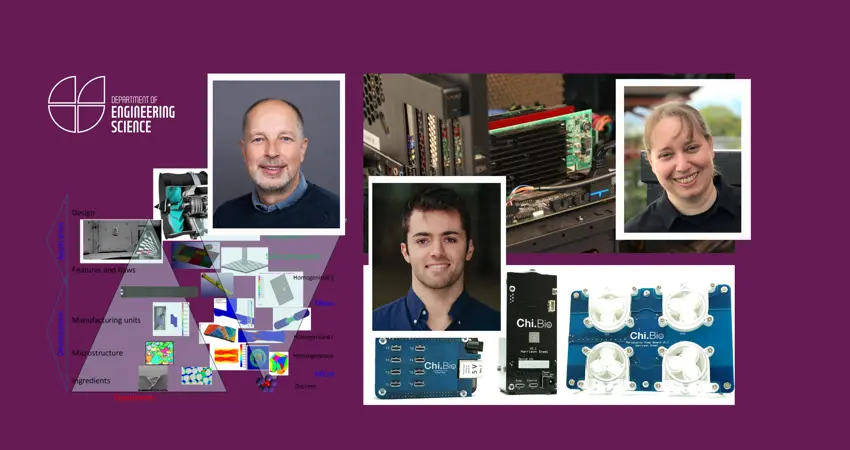 Banner image for the MPLS Impact Awards featuring diagrams of research drawings, as well as the 3 academics who won.