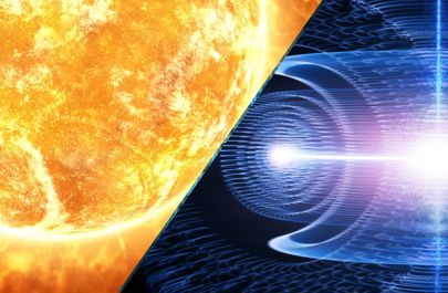 A graphic depicting fusion with fiery gas and a blue graphic