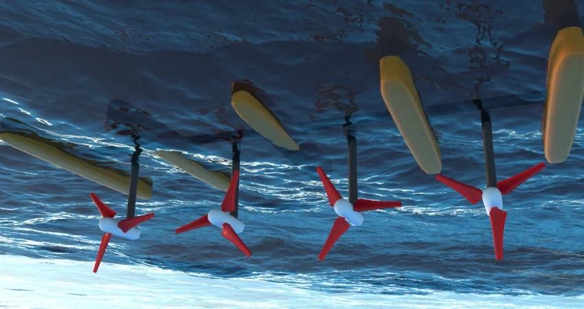 A graphic which shows a Tidal Energy system with turbines in a body of water