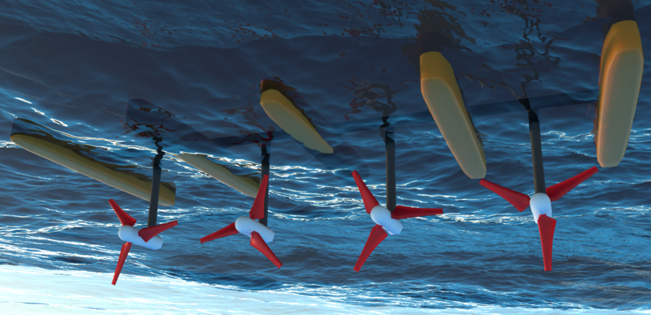 A graphic which shows a Tidal Energy system with turbines in a body of water