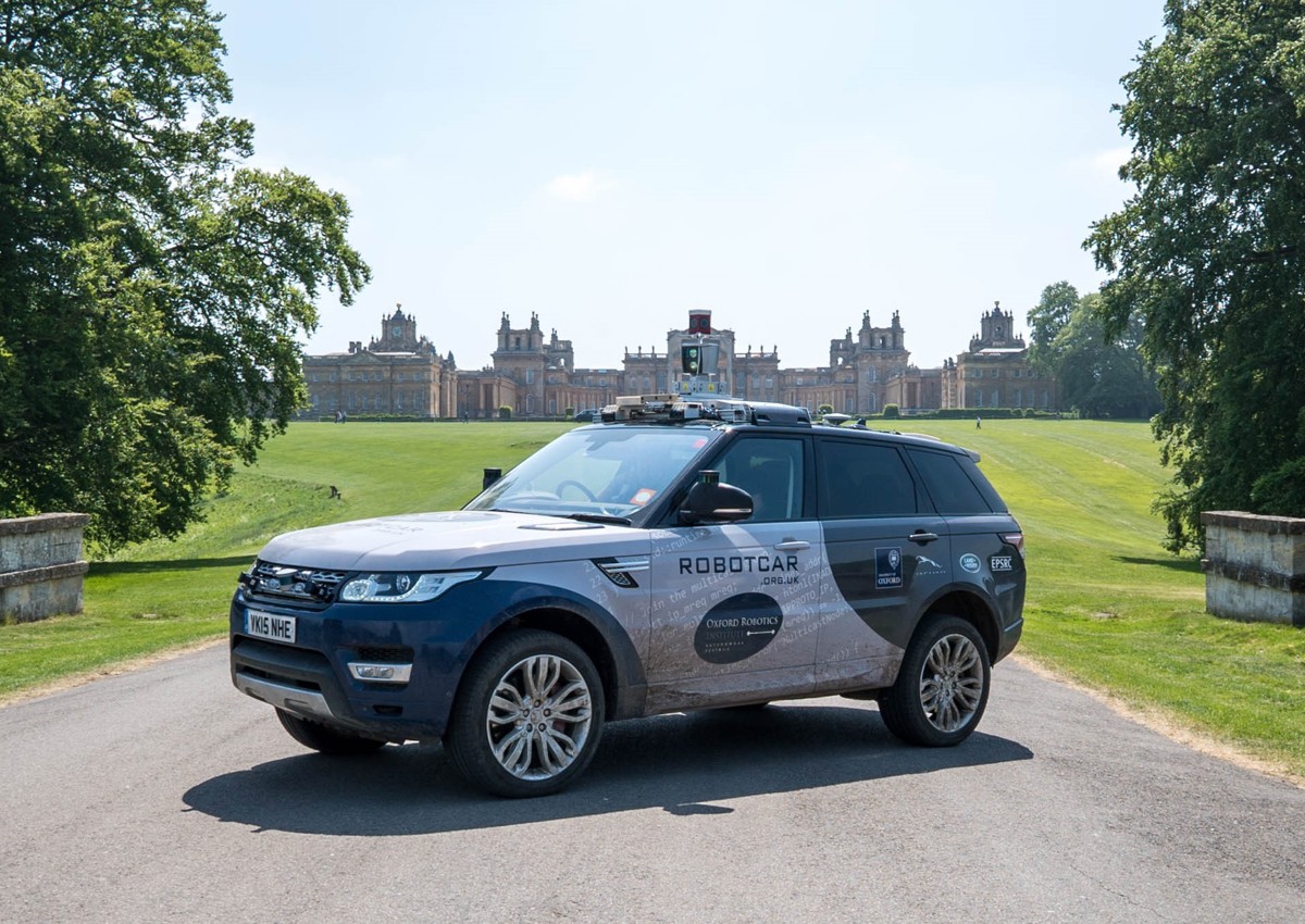 Oxford Robotics Institute vehicle on drive with Blenheim Palace in background