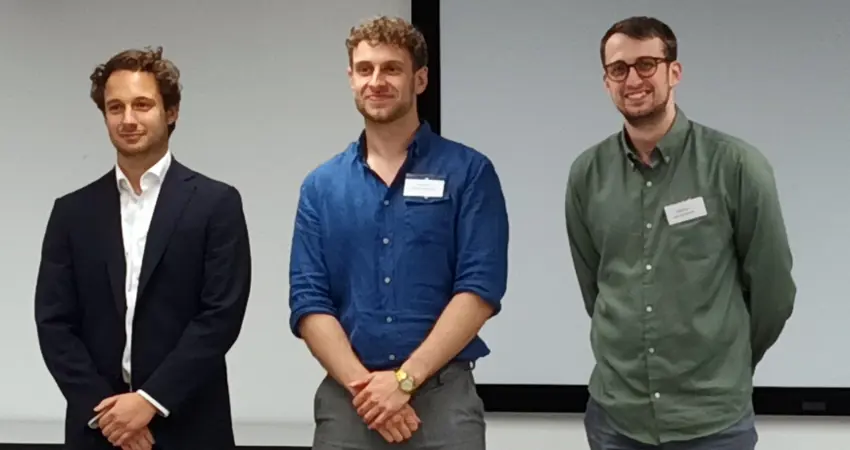 Left, runner-up, Daniel Dehtyriov. Center, winner Elliot Sutton, Department of Chemical Engineering, University of Manchester, Right, runner up Josh Williams, School of Engineering and Physical Sciences, Heriot-Watt University). Photo Credit: The University of Manchester.