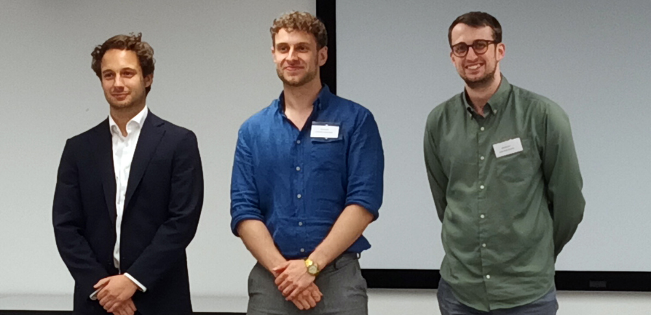 Left, runner-up, Daniel Dehtyriov. Center, winner Elliot Sutton, Department of Chemical Engineering, University of Manchester, Right, runner up Josh Williams, School of Engineering and Physical Sciences, Heriot-Watt University). Photo Credit: The University of Manchester.