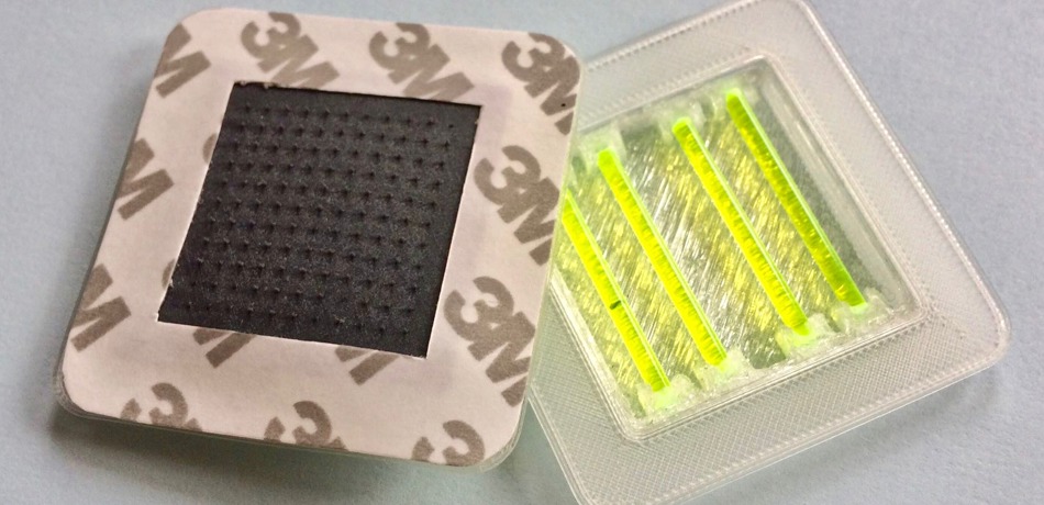 Snapvaccine prototype showing a simple mechanism used in glow sticks, snap mechanism and contained mixing system, with microneedles to deliver the vaccine via a stick-on patch