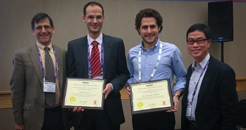 Optimization researcher Bartolomeo Stellato receiving first prize from the journal IEEE Transactions on Power Electronics for a paper titled ‘High-Speed Finite Control Set Model Predictive Control for Power Electronics’