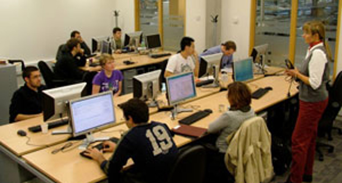 Students at computers in a classroom