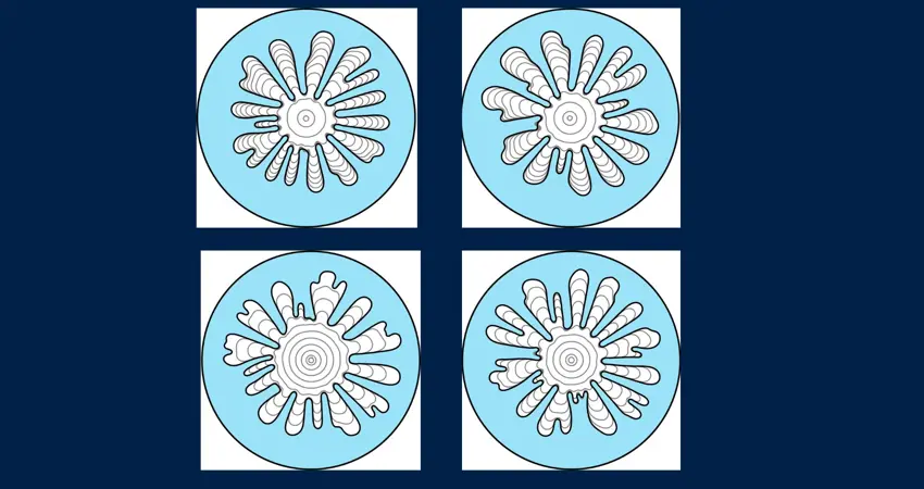 Clockwise from top left: As gas is made more compressible (using a larger syringe), the instability is delayed and more liquid is pushed out of the cell