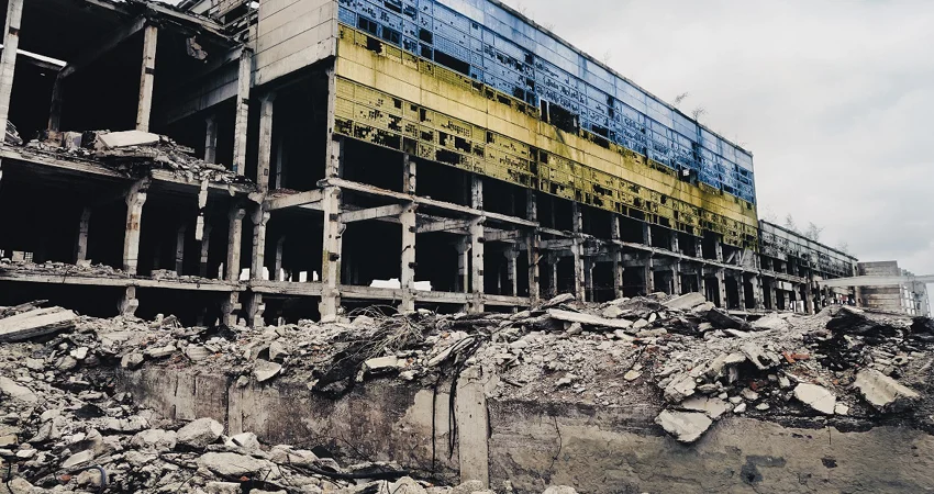 Stock image of the destruction after the war in Ukraine showing rubble caused by shelling by artillery shells and air strikes 