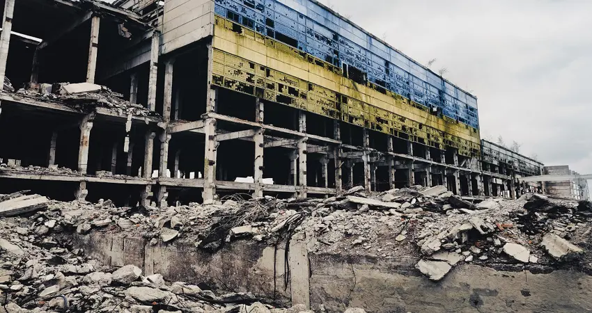 Stock image of the destruction after the war in Ukraine showing rubble caused by shelling by artillery shells and air strikes