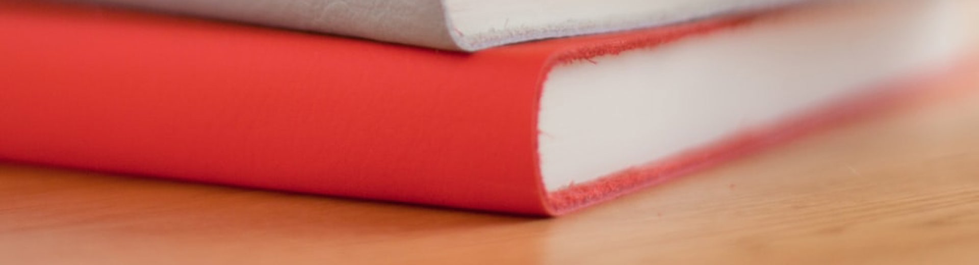 A pile of 4 books in red, grey, blue and light green, with their spines facing the camera