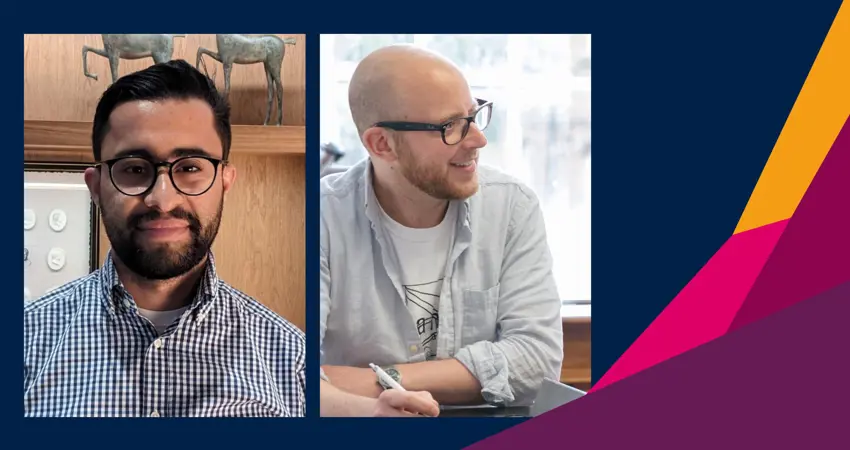 Side-by-side image featuring Dr Adel Bibi (left), Senior Researcher in Machine Learning at the University of Oxford’s Department of Engineering Science, wearing glasses and a checked shirt, and Professor Nick Hawes (right), Professor of Artificial Intelligence and Robotics and Director of the Oxford Robotics Institute, smiling and seated at a table in a light-filled room.