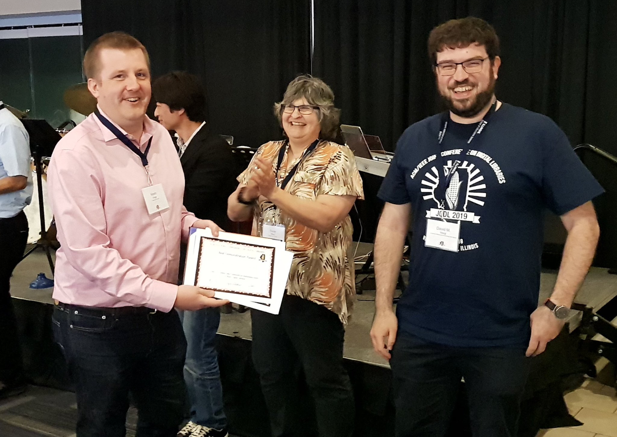 Kevin Page and David Weigl receiving the Joint Conference on Digital Libraries 2019 Best Demonstration Award