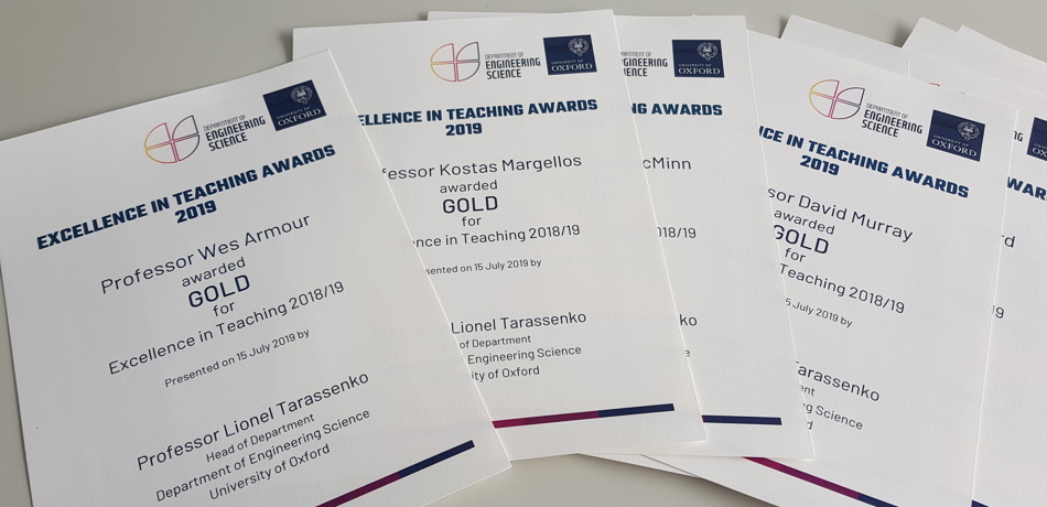 Certificates of Engineering Science academics who won Teaching Awards in 2019