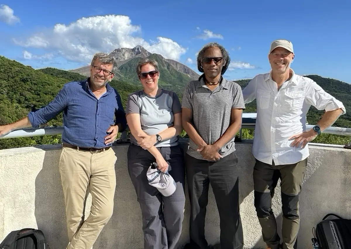 (Left to right) Professor Jon Blundy, Research Director Oxford EARTH; Professor Tamsin Mather, Co-Investigator of Oxford EARTH; Dr Graham Ryan, the Director of the Montserrat Volcano Observatory; Professor Mike Kendall, Programme Director, Oxford EARTH.