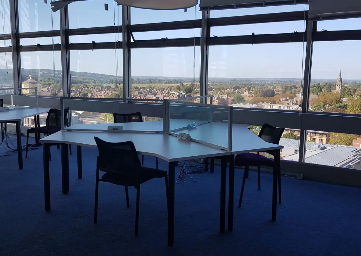 Study area with large windows overlooking Oxford