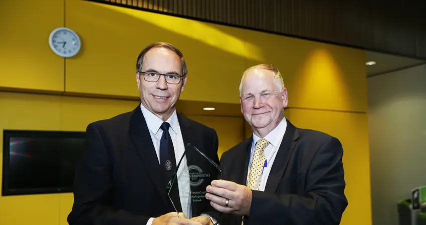 Professor Lionel Tarassenko being presented with the Oxford Trust’s Outstanding Achievement Award by their CEO Steve Burgess.