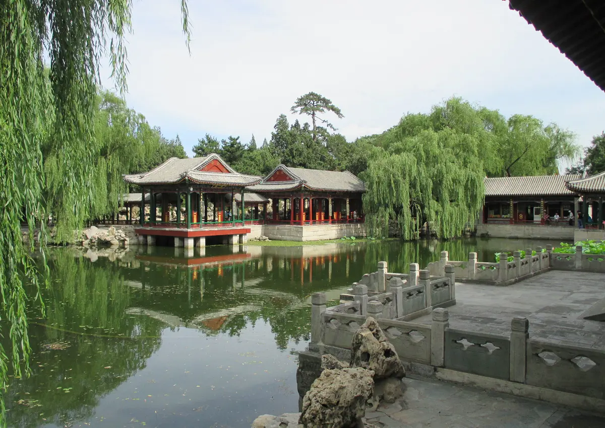 Garden Of Harmonious Pleasures In The Summer Palace - traditional teahouses in lake with weeping willows