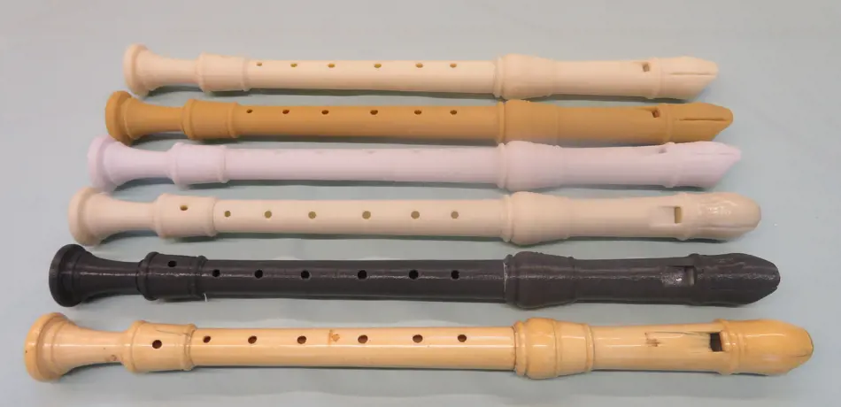 Five replicas of antique ivory recorders, using a range of materials and different 3D-printing methods