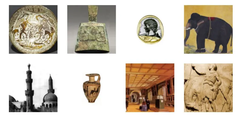 Collage of different museum objects - vase, painting, plate etc