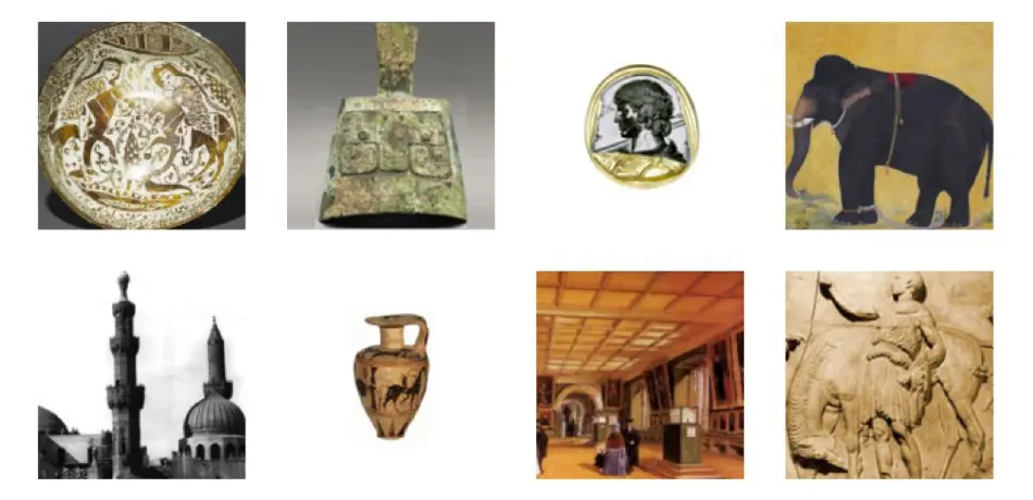 Collage of different museum objects - vase, painting, plate etc