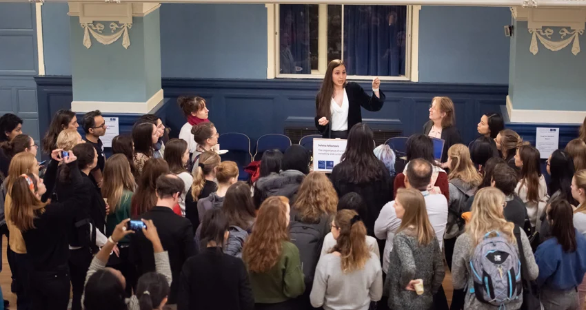 DPhil student Selena Milanovic talks to a room full of people at Women in STEM event at Oxford Town Hall, January 2020.