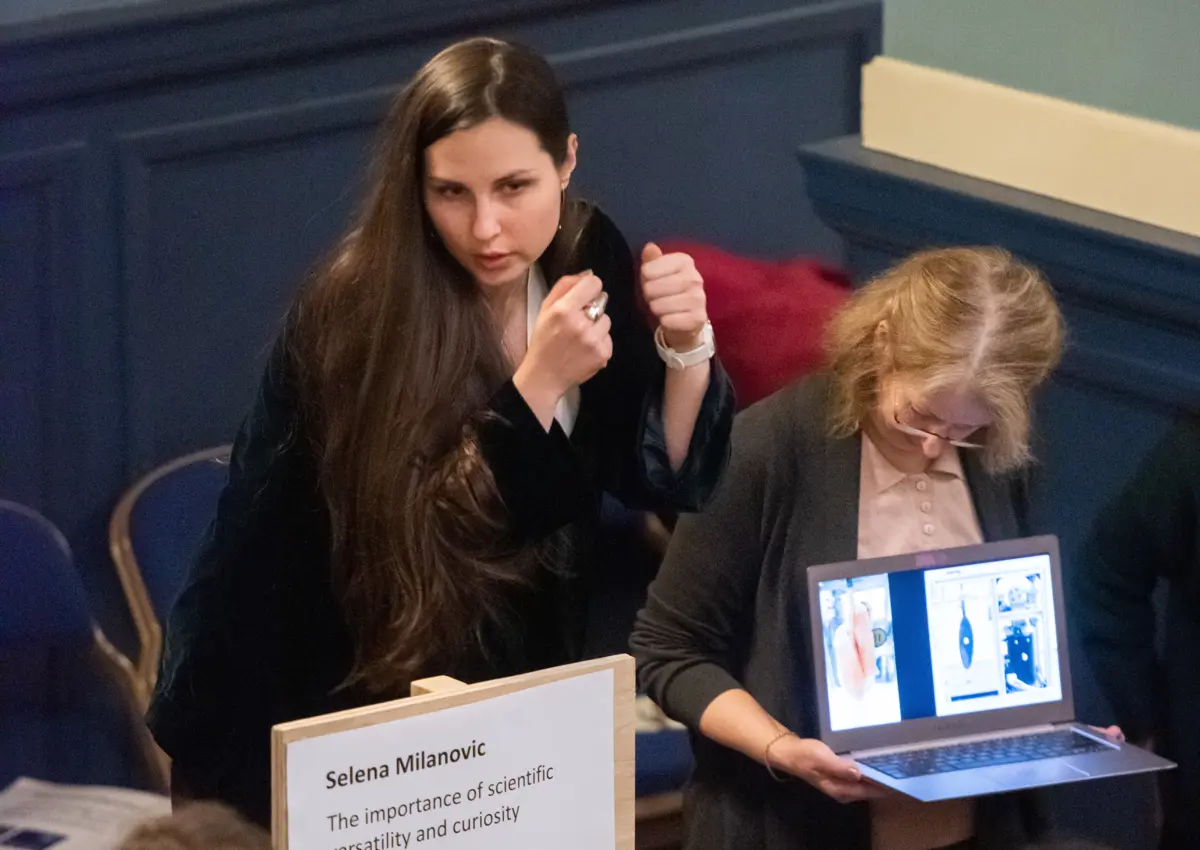 DPhil student Selena Milanovic talks to a room full of people at Women in STEM event at Oxford Town Hall, January 2020.