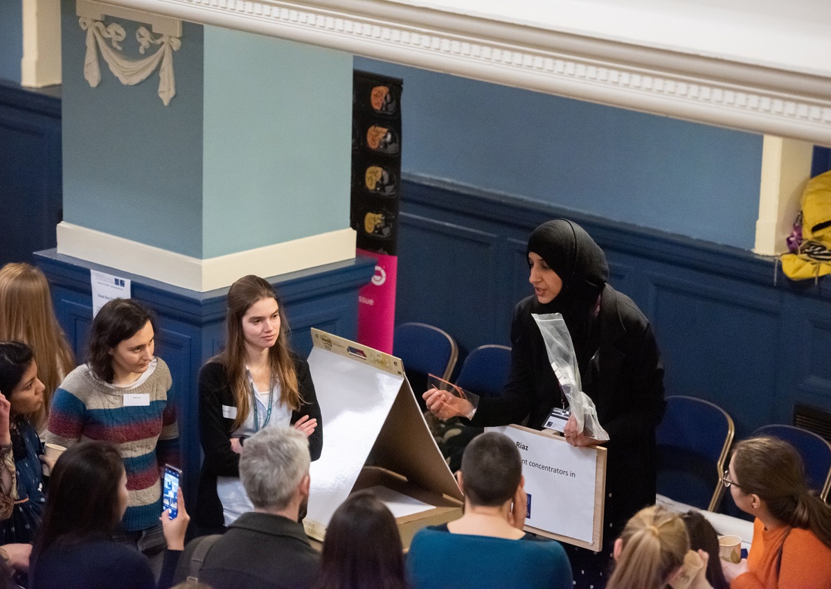 DPhil student Amna Riaz talks to a room full of people at Women in STEM event at Oxford Town Hall, January 2020.