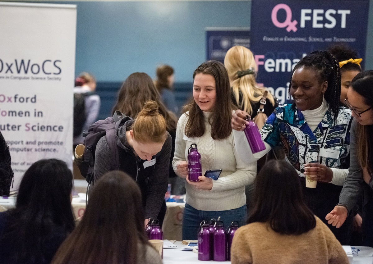 Young female students at stalls at Oxford Women in STEM event, January 2020