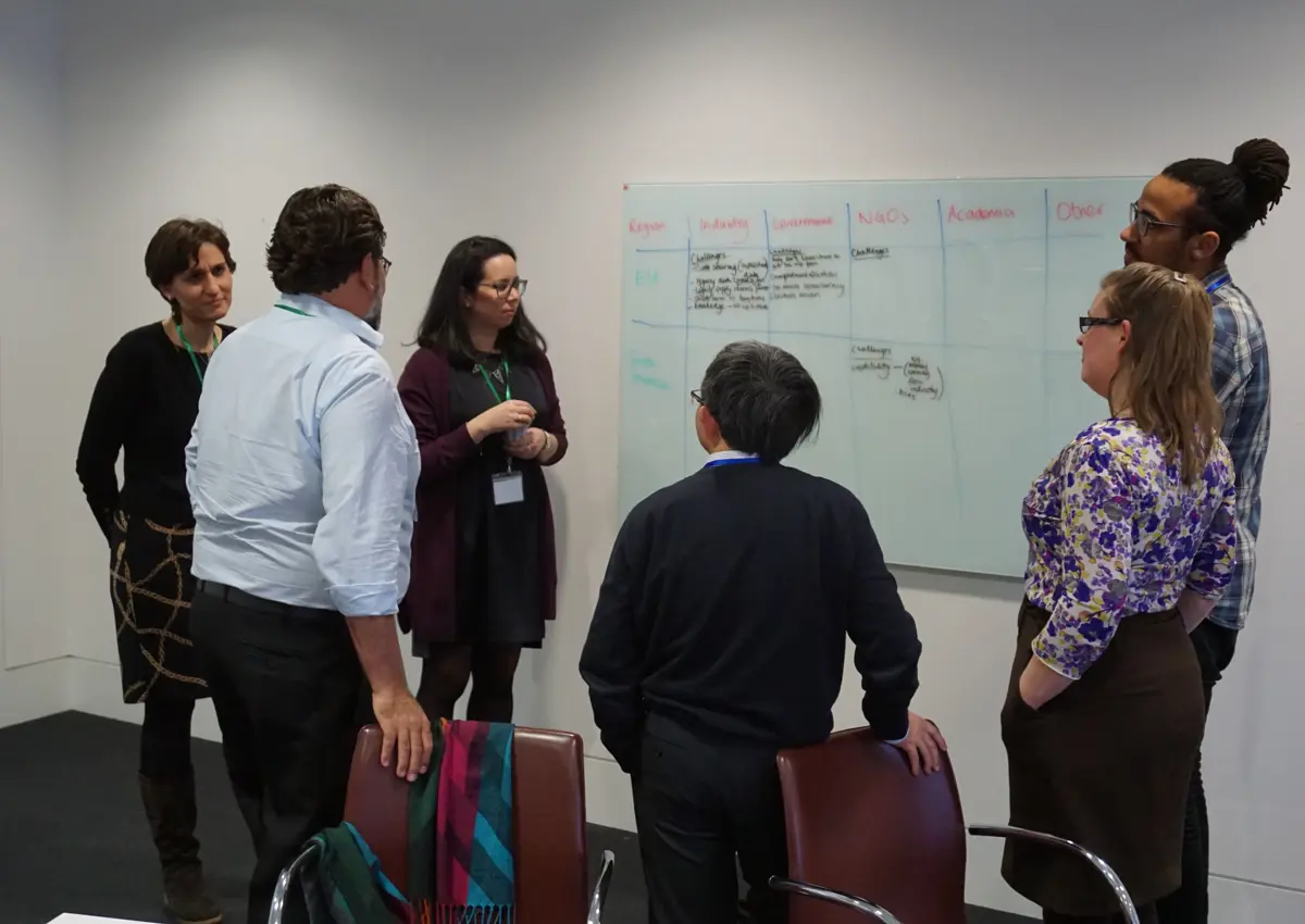 Members of the Circular, Regenerative and Sustainable Systems (CRES) Society brainstorming around a white board