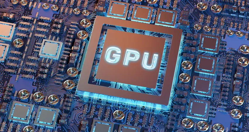 Close-up view of a modern GPU card with circuit 3D rendering