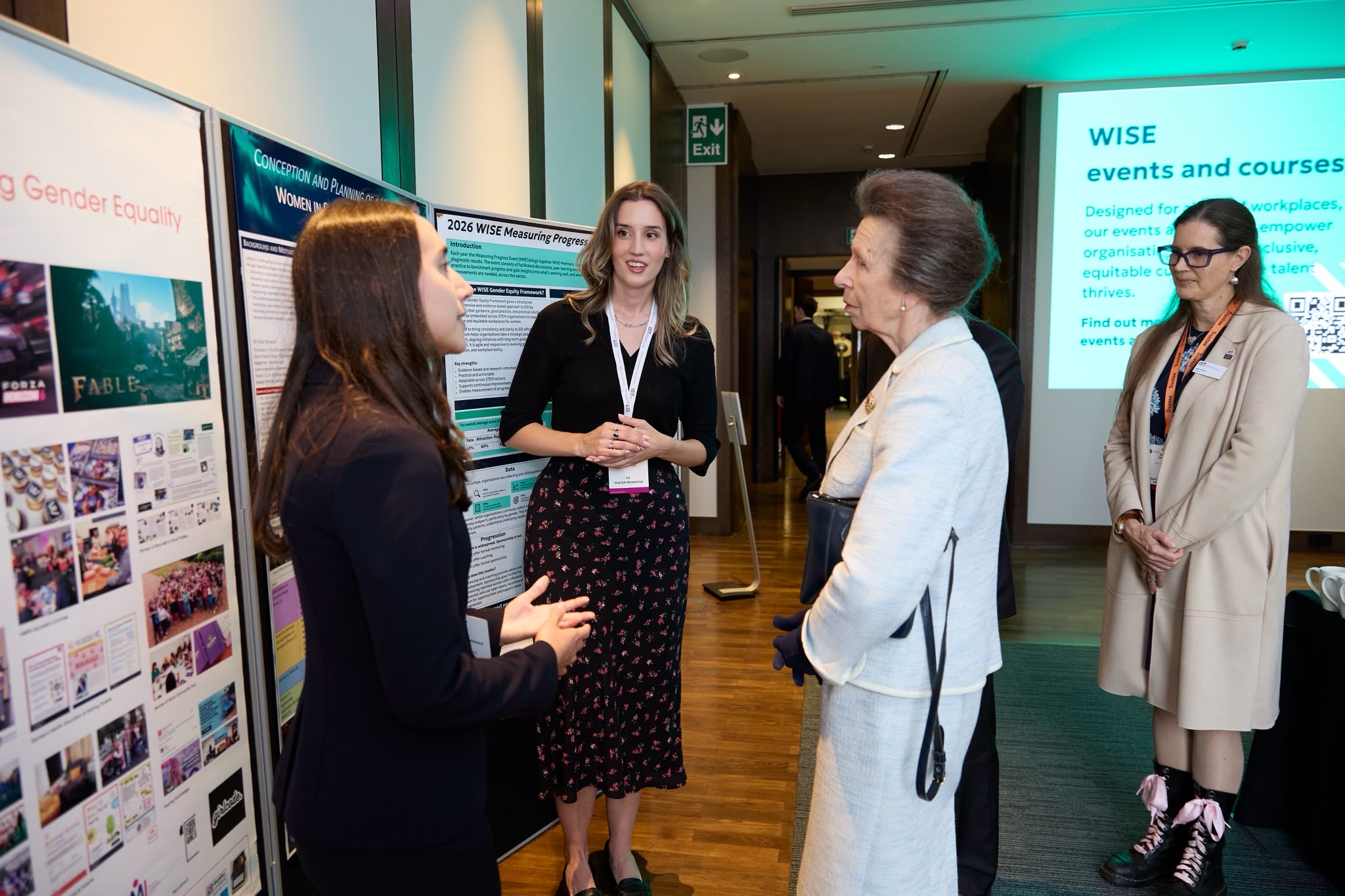 Dr Ashley van Bruygom and Dr Alicia Torres Gomez presenting their Women in Sustainable Aviation initiative at a special viewing of their poster with Her Royal Highness The Princess Royal at the WISE Conference 2026 in London 