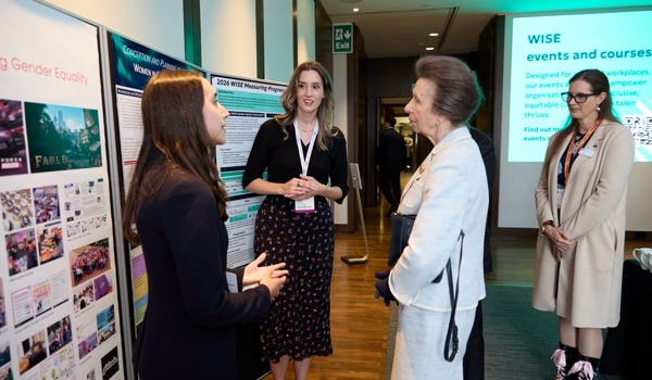 Dr Ashley van Bruygom and Dr Alicia Torres Gomez presenting their Women in Sustainable Aviation initiative at a special viewing of their poster with Her Royal Highness The Princess Royal at the WISE Conference 2026 in London 