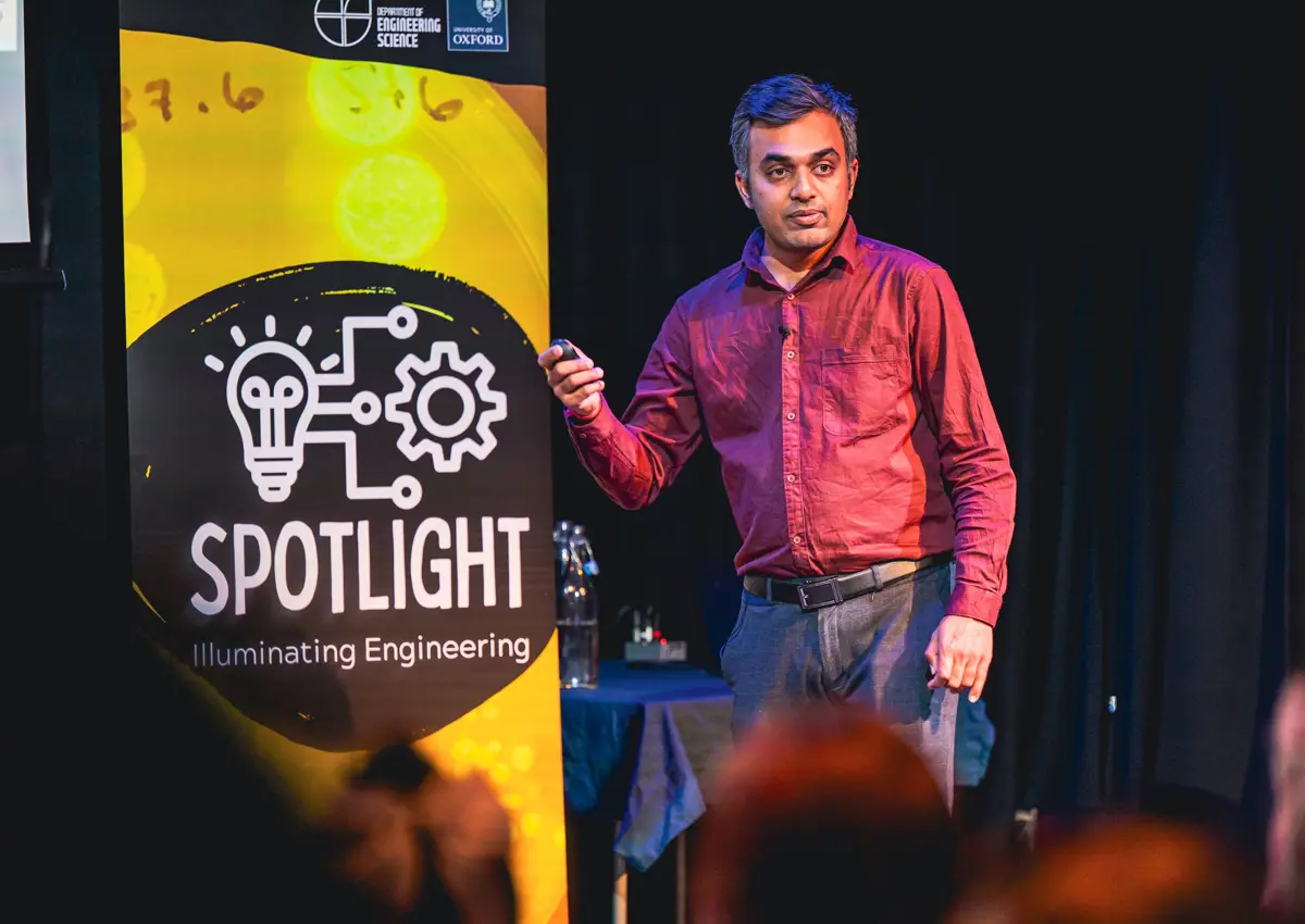 Dr Krupal Patel presents at the Spotlight Engineering event, Old Fire Station, Oxford, April 2025