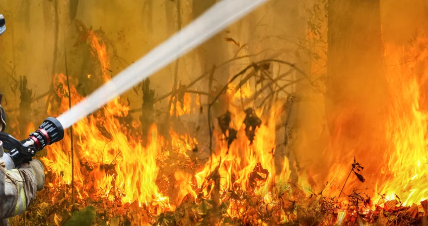 Australian bushfire being contained by firefighter