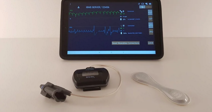 A wearable patch (to measure respiratory rate) and wrist-worn pulse oximeter (to measure pulse rate and oxygen saturation), are linked by Bluetooth to a tablet computer