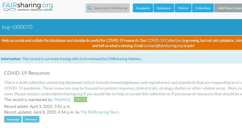 FAIRsharing.org COVID-19 resource website page