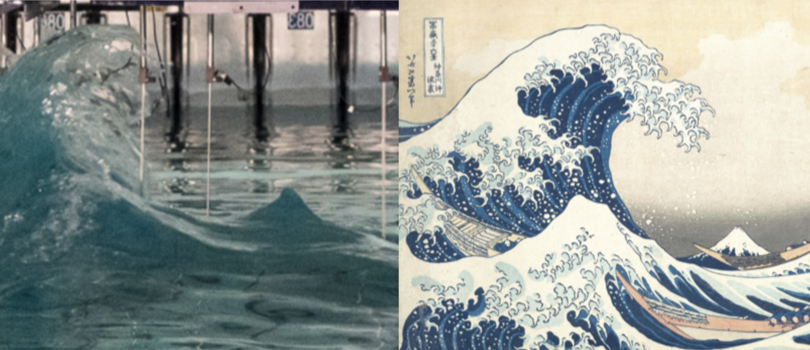 Great wave of Kanagawa artwork and recreated wave in lab