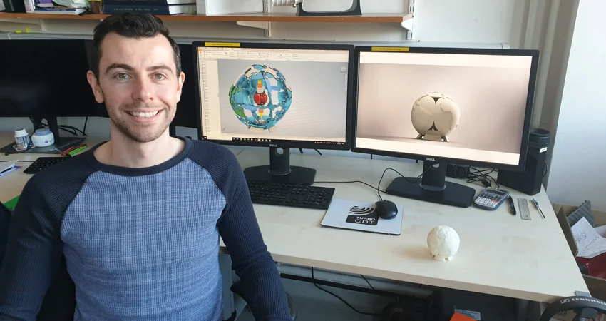 Daniel Fahy, who won first place in the ‘Art, Jewelry and Architecture’ category of the 2019 Stratasys Extreme Redesign 3D Printing Challenge for recreating a Hoberman Sphere