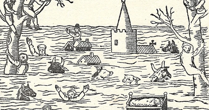Woodblock showing people and animals in river flood, with church partially submerged and some people clinging on to trees