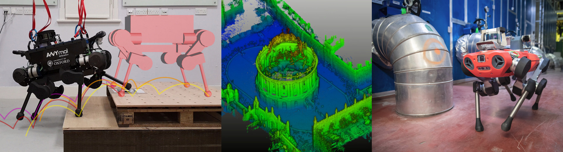 Collage of images of walking robots and a 3D map of the Radcliffe Camera library