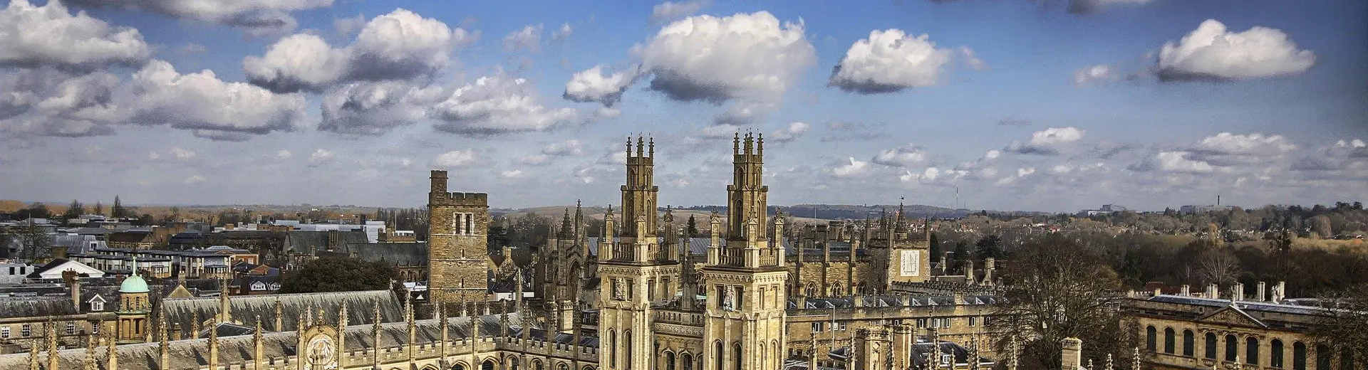 Bird's eye perspective of All Soul's college and Oxfordshire countryside