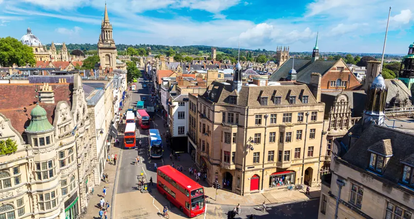 View of Oxford from the air showing vehicles on the High Street