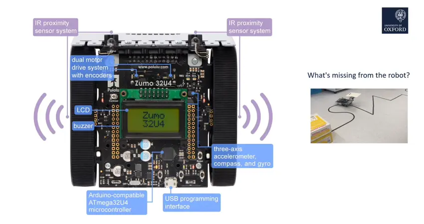Presentation slide from the UNIQ 2020 Live Coding Workshop on Robots showing a programming tool with various functions and an image of the robot following a line on a lab floor